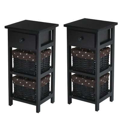  COSTWAY Set Of 2 Bedside Table Made Of Paulownia Wood, Bedside Cabinet W/ Wooden Drawer & 2 Wicker Drawers, Chest Of Drawers In Country House Style For Living Room, Bedroom, Study, Black