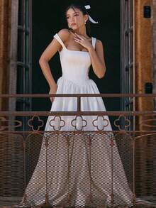 Women's Autumn New Elegant Solid Color Slim A-Line Maxi Dress - White - View 3