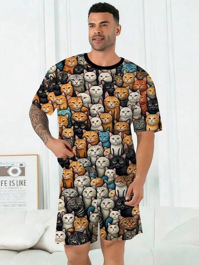 Plus Size Men's Pajama Set | Round Neck Short Sleeve Top And Elastic Waist Casual Shorts 2-Piece Set | Polyester Knit Fabric Soft And Breathable Loose Fit | Cute Owl Print Casual Design