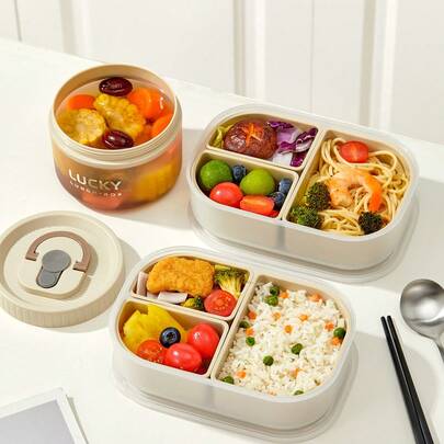一套可爱图案塑料午餐盒，带可拆卸三格隔层，便携式水果沙拉食品储存盒，大容量分隔便当盒，可放入冰箱和微波炉，密封防漏，冰箱保鲜盒，适合学生和成人居家、学校、宿舍、办公室、户外露营、野餐、旅行、返校等场合使用。