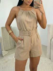 ANCHOSE 女士卡其色褶皱吊带背心+松紧腰短裤套装（含腰带），休闲日常度假街头穿搭 - 卡其 - 查看 4