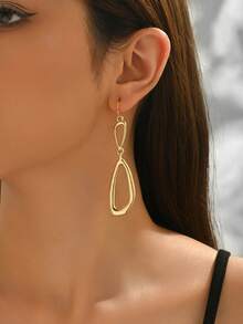 一对简约金属几何不对称双环长款垂坠耳环，适合女性日常佩戴 - 金黃色 - 查看 3