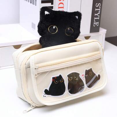 1pc Cute Large Capacity Black Cat Pencil Case, Transparent Black Pencil Box With Doll Pendant Sticker, Ideal For Storing Stationery And Office Supplies, Organizer For Desk Accessories