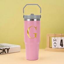 30oz Water Bottles Stainless Steel Insulated Tumbler With Carry Handle Double Walled Leak Proof Fits Most Cup Holder Water Cup For Gym Home Office Travel A-Z Letters Gold Pattern - Multicolor - View 12