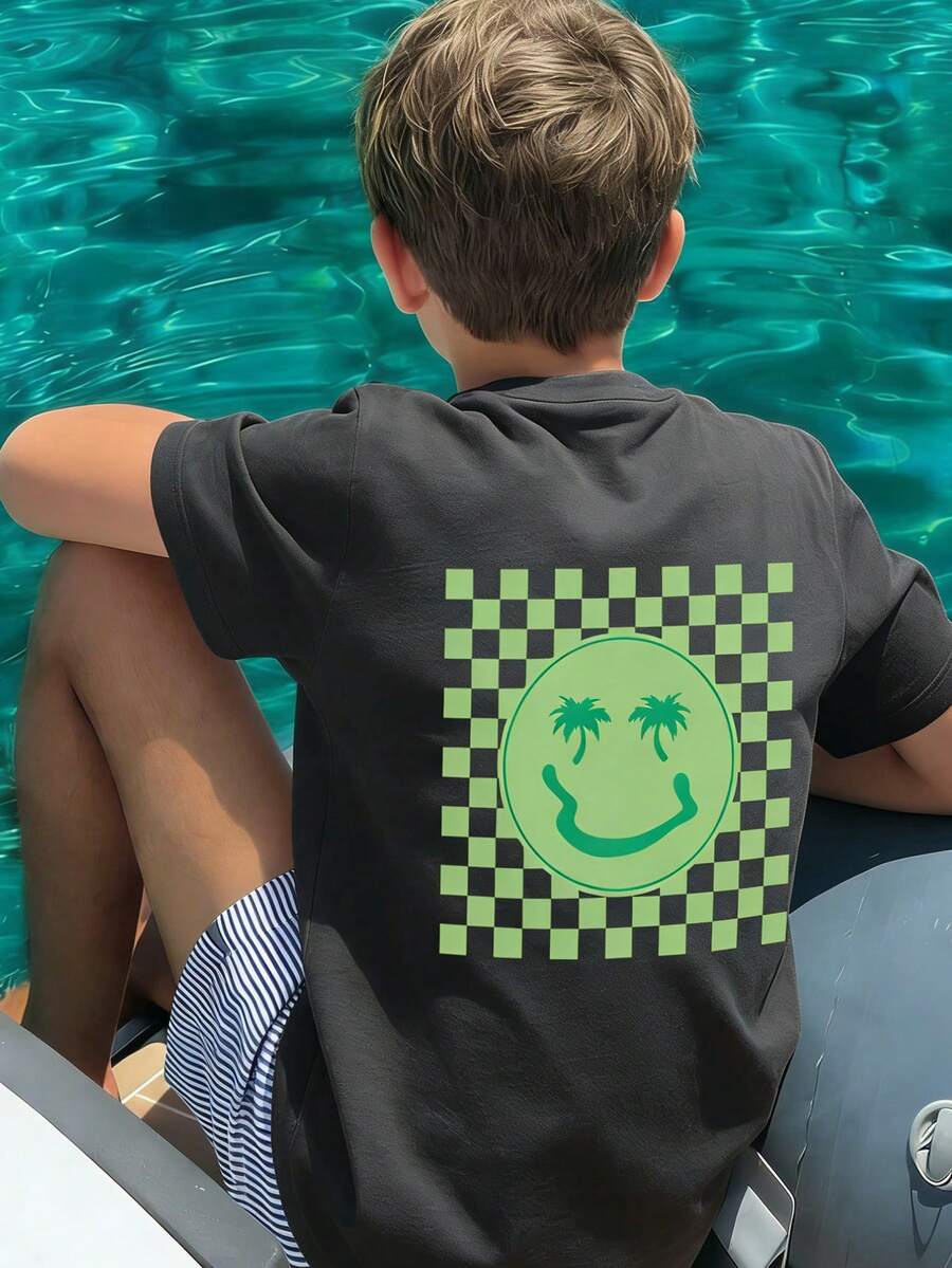 男童椰子树和人脸印花短袖T恤，青少年学生休闲夏季上衣 - 深灰色 - 查看 1