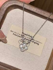 1pc Luxury Delicate Lucky Four-Leaf Clover White Mother-Of-Pearl Halo Super Shiny Cubic Zirconia Women Necklace - Essential For Daily Commute/Date Atmosphere/Valentine's Day Lucky Gift - Platinum - View 9