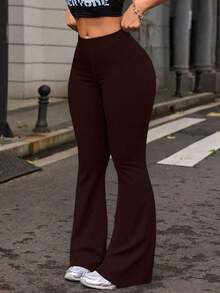 Plus Size Women's High Waist Solid Color Bell Bottom Sports Yoga Pants Compression Tights Running Workout Bottoms - Dark Brown - View 9