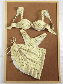 Conjunto de bikini de 3 piezas con lunares, diseño de tirantes anchos con aros para un soporte cómodo, estilo de playa de moda, perfecto para vacaciones de verano en la playa y fiestas en la - Amarillo-marrón - Ver 2