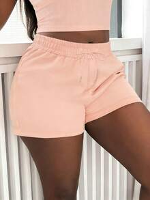 3pcs Women Elastic Waist Casual Shorts, Light Yellow & Light Pink Solid Color, Drawstring, Suitable For Spring, Autumn & Winter, Casual, Vacation, Home Summer - Light Pink/Sports Gray/Light Yellow - View 8