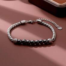 6毫米黑色玛瑙串珠十字架吊坠，搭配不锈钢圆链，时尚简约的中性设计 - 黑色 - 查看 8