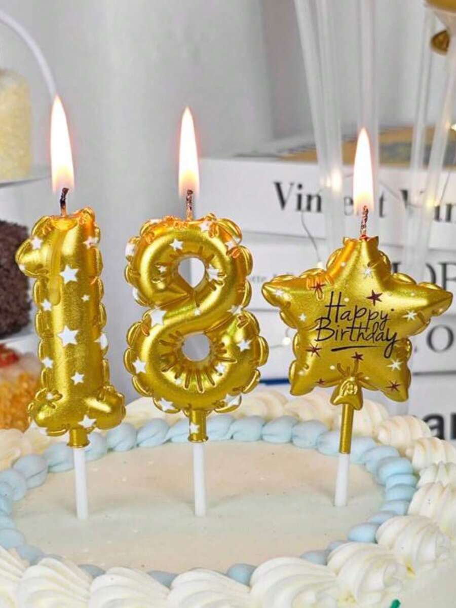 Gold Balloon Trim Star Print Number 0-9 Birthday Party Cake Decorative Candles - View 1
