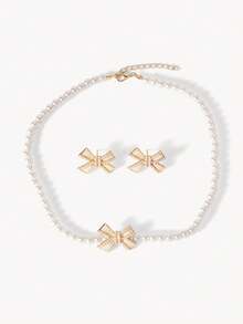 Opalesca 3pcs Set Exquisite Faux Pearl Bow Necklace & Earrings, Exclusive Design For Women, Ideal Gift For Girlfriend Valentines,Mom,Mother,Mother's Day,Gift - Beige - View 2