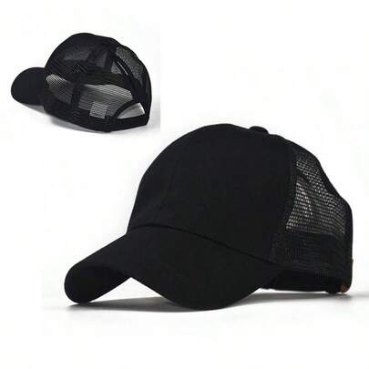 1pc Adjustable Ponytail Baseball Cap For Women, Hollow Mesh Back Trucker Hat, Solid Color Lightweight Sun Hat Suitable For Outdoor Sports, Golf, Fishing, Running