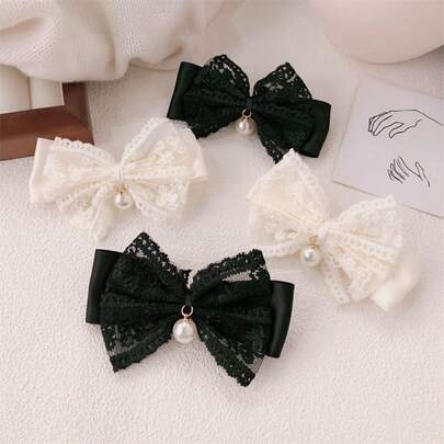 Lace Bow Hair Clip, Versatile Pearl Bowknot Bangs Clip Side Hair Accessory For Girls