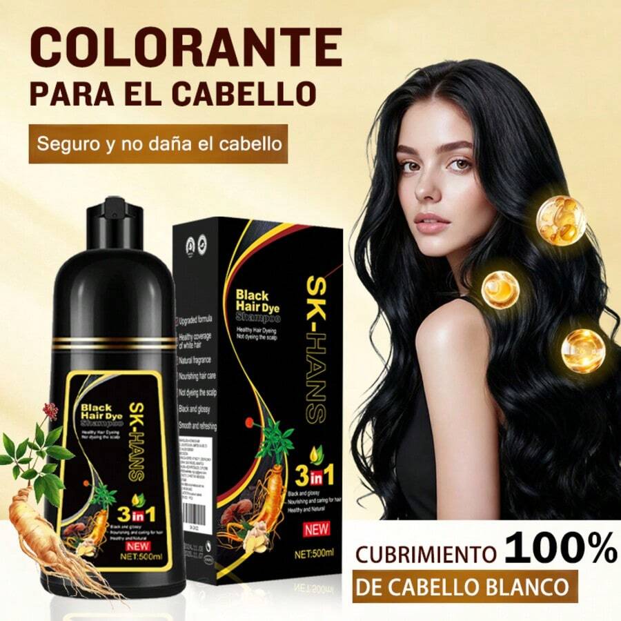 Shampoo tinte de jengibre color negro botella de 500ml, champú tinte negro 3 en 1 para teñir el cabello, cobertura de canas - Negro - Ver 1