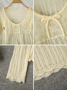 新款春夏性感镂空蝴蝶结针织衫，修身长袖上衣，适合周末外出，甜美性感短款上衣 - 杏色 - 查看 6