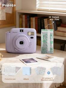 Popoto Instant Camera For Mini 11/12 Films With 10 Instant Mini Films Instant Print Outdoor Portable Automatic Exposure Easy Use Birthday Gifts Suitable For Beginners Camera Mini Camera Camera , The Perfect Summer Gift For Mom-Capture Photos With The Waves, Beach Fun, And Party Moments. It's The Top Choice For Mother's Day, Summer Vacations, And Parties.(Not Include Battery) - View 2