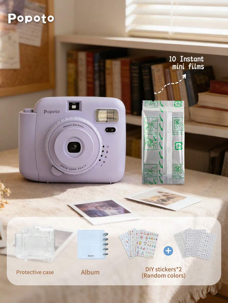 Popoto Instant Camera For Mini 11/12 Films With 10 Instant Mini Films Instant Print Outdoor Portable Automatic Exposure Easy Use Birthday Gifts Suitable For Beginners Camera Mini Camera Camera , The Perfect Summer Gift For Mom-Capture Photos With The Waves, Beach Fun, And Party Moments. It's The Top Choice For Mother's Day, Summer Vacations, And Parties.(Not Include Battery)