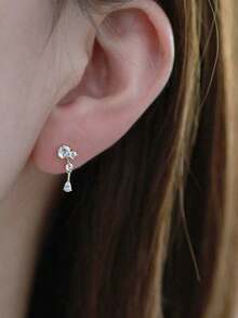 一对女士时尚优雅闪亮立方氧化锆水滴形耳钉，适合日常佩戴、聚会、送礼，采用925纯银制成 - 金色 - 查看 5