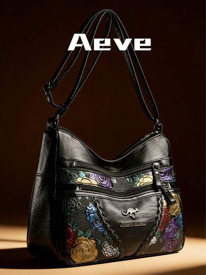 手绘玫瑰牡丹花卉印花女士斜挎包，多口袋拉链封口，复古优雅街头风单肩包，轻便户外便携方形包，可装手机、相机、化妆品等，休闲时尚手提包，纯色简约PU皮革，涤纶内衬，适合旅行、度假、聚会、商务出行、妈妈包等场合，可拆卸肩带