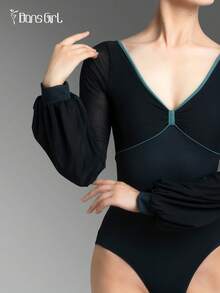 DonsGirl Áo liền quần ba lê nữ - Cổ nơ thanh lịch và tay áo phồng | Thích hợp cho biểu diễn múa, thể dục dụng cụ, trượt băng nghệ thuật mùa xuân - Màu xanh hải quân - Xem 4