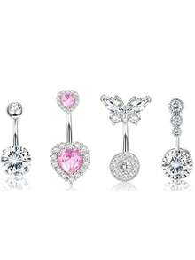 4pcs 14G Belly Button Rings Surgical Stainless Steel Round, Heart, Butterfly Cubic Zirconia Elegant Navel Barbell Stud Body Piercingm 10mm - Multicolor - View 6