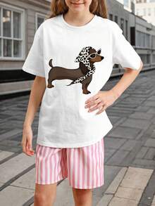 1 chiếc áo thun ngắn tay in hình chó Dachshund cho bé gái tuổi teen, quần áo học sinh, quà tặng mùa hè cho trẻ em. - trắng - Xem 2