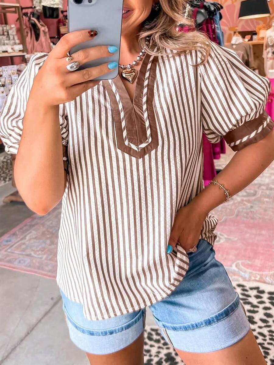 Acelitt Khaki Striped Collared Split Neck Petal Sleeve Top - Khaki - View 1