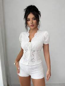 LilyHouse Women's White Lace Embroidery V-Neck Tie Puff Sleeve Cropped Top, Ruched Waist, Sweet & Romantic, Versatile For Spring/Summer Vacation, Beach, Date, Brunch, Daily Wear - White - View 11