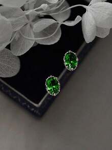 1 paire de boucles d'oreilles à tige en argent sterling S925 vintage avec zircone ovale. Bijou polyvalent pour un usage quotidien, cadeau pour les femmes, les amis, les couples. Nouvelle arrivée. - Elliptique Rouge-1 - Voir 2