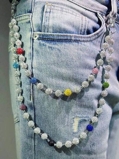 1 件街头嘻哈风格粘土腰链，镶嵌水钻和球体，手工制作的身体链，男女皆宜，日常佩戴链（温馨提示：纯手工制作，偶尔出现松动的链节属于正常现象，可以重新拼接起来）。