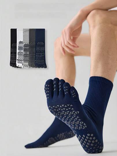 Men's Breathable 5 Toes Crew Sports Non-Slip Socks, Comfy Cotton Five Finger Socks, Anti-Slip For Daily Wear, Casual Mid-Calf Socks With Grid Texture,Perfect For Indoor Fitness, Home Workout,Gym Training, Comfortable Toe Separator Socks For Men Athletic Socks.