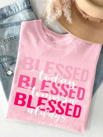 Camiseta de manga corta con cuello redondo, estilo casual y versátil, con estampado sencillo y lindo, adecuada para vacaciones y uso diario. Camiseta de verano casual con estampado "Blessing Tomorrow Blessing All", adecuada para días festivos como el Día de San Valentín, el regreso a clases, el Día del Maestro, etc. Camiseta de manga corta con estampado de letras, suave, holgada y cómoda, ropa de calle informal y versátil, color rosa