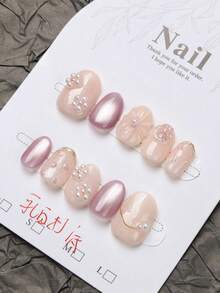10 Handmade Oval French Press-On Nails In Purple And Pink, Adorned With Small White Faux Pearl Flowers, Reusable False Nails Suitable For Girls Or Women To Wear During Holidays Or Special Occasions. Handmade Press On Nails - Mauve Purple - View 3