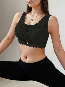 Minimalist Solid Color Floral & Lace Wireless Full Coverage Bra, Comfortable Breathable Ladies Underwear - Black - View 4