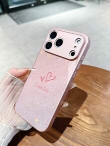 1pc Customized Name, Pink Glitter Minimalist Crown & Heart Pattern Creative Phone Case, Compatible With Samsung S24 Ultra/S25 Ultra And Apple 17 Pro Max/16 Pro Max/15 Pro/14 Plus/13 Pro/12 Pro Max/11/Xs Max/8/7/6 Plus, Suitable As Birthday Gift, For Girlfriend/Boyfriend Or Personal Use - Pink - View 3