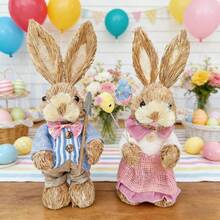 Easter Bunny Decoration Cute Straw Rabbit Figurines Table Centerpiece For Home Farmhouse Holiday Spring Party Tiered Tray Decor - A - View 4