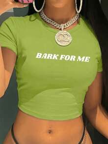Women's Y2K Street Style "Bark Call Me" Graphic Cropped Top - Black Geometric Crewneck Short Sleeve Shirt, Machine Washable All Season Casual Top, Fashionable Dress Up Clothing, Bold Print, Stretch Material, Statement Shirt, For  Lovers,Spring,For Women,Womens Tops,Tops De Mujer,Green Top,Spring Clothes. - màu xanh lá - Xem 1