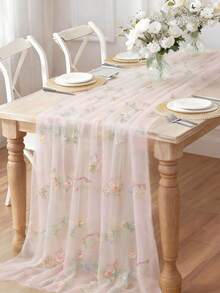 1 Stück Retro farbig bestickter Tischläufer mit Blumenmuster, transparente Mesh-Tüll Tischdecke, Elastan, Baby-Shower Party Tischdecke, Baby-Shower Zubehör, 1. Geburtstags Party Dekoration, Baby Mädchen/Jungen Party Dekoration, Gender Reveal Party Tischdecken Dekoration - Verschiedenfarbig - Übersicht 4