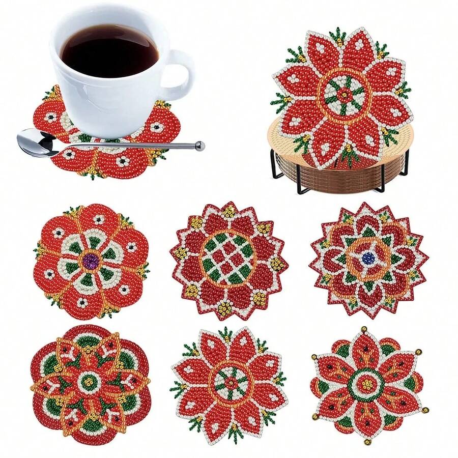 6pcs DIY Diamond Painting Coaster Set With Stand - Mandala Flower Theme, Round And Asymmetrical Shape Diamonds, Wooden Craft Kit, Suitable For Adults And Beginners - View 1