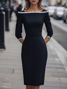 conciso Women's Casual Mid-Sleeve Mid-Length Dress, Spring Office Wear - Black - View 9