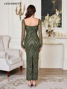 Olive Green Sequin Embroidered Dress, Elastic Mesh Christmas Party Wedding Evening Gown - Army Green - View 6