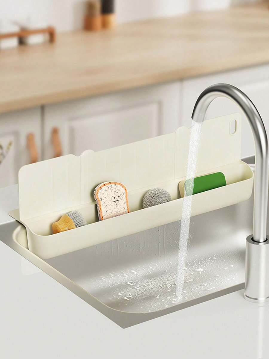 1 pieza Protector multifuncional contra salpicaduras del fregadero, Tabla contra salpicaduras del fregadero de cocina, Protector contra salpicaduras de encimera, Cesta para fregadero de cocina del hogar, Estante de almacenamiento impermeable (2 en 1) - Ver 1