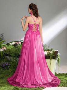 Faeriesty 女士优雅浪漫系带长款正式晚礼服，饰以3D立体花卉图案，适合春季婚礼、花园派对、户外森林庆典、浪漫晚餐和正式肖像摄影派对等场合。 - 玫紅色 - 查看 6