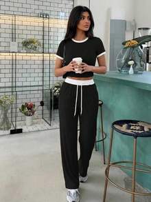 2pcs Casual Street Style Ribbed Contrast Color Round Neck Short Sleeve Top And Pants Set Black Summer Elegant - Black - View 4