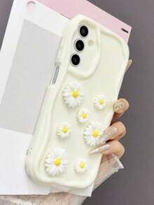 1pc Cute Solid White Phone Case, Stylish Special-Shaped Design With Removable Fresh White Daisy Flower Accessories, Shockproof, Anti-Slip, Scratch-Resistant, Compatible With Apple - White Chrysanthemum - View 2