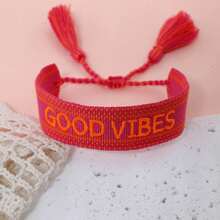 1pc Handmade Adjustable Leopard Print Braided Vintage Tassel Boho Bracelet, Suitable For Women's Party, Travel And Daily Wear - Hot Pink - View 3