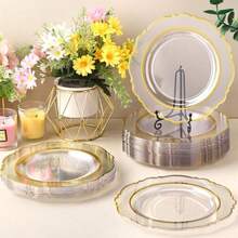 一套可重复使用的透明餐盘，金色镶边，包含7.5英寸和10.25英寸两种尺寸，适用于沙拉、汉堡、三明治、寿司、小吃、水果等，是生日派对、婚礼、情人节、斋月、中国新年等场合的理想之选。 - 彩色 - 查看 2