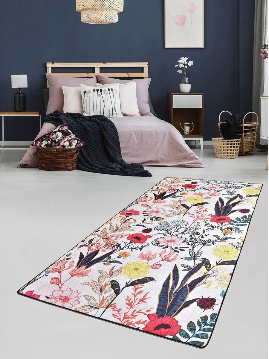 Premium Turkish Made Floral Digital Print Area Rug - Non-Slip Washable Large Flower Pattern Carpet for Living Room Bedroom & Kitchen Rug 80x200 cm, 80x300 cm,100x200 cm, 120x180 cm - 黑與白 - 查看 1