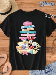 Disney 1pc Women's Cartoon Mouse Print Short Sleeve T-Shirt, Round Neck, Stretchy, Easy Care Material, Suitable For Daily Wear, Fashionable Women's Short Sleeve T-Shirt, Casual Wear - Black - View 1